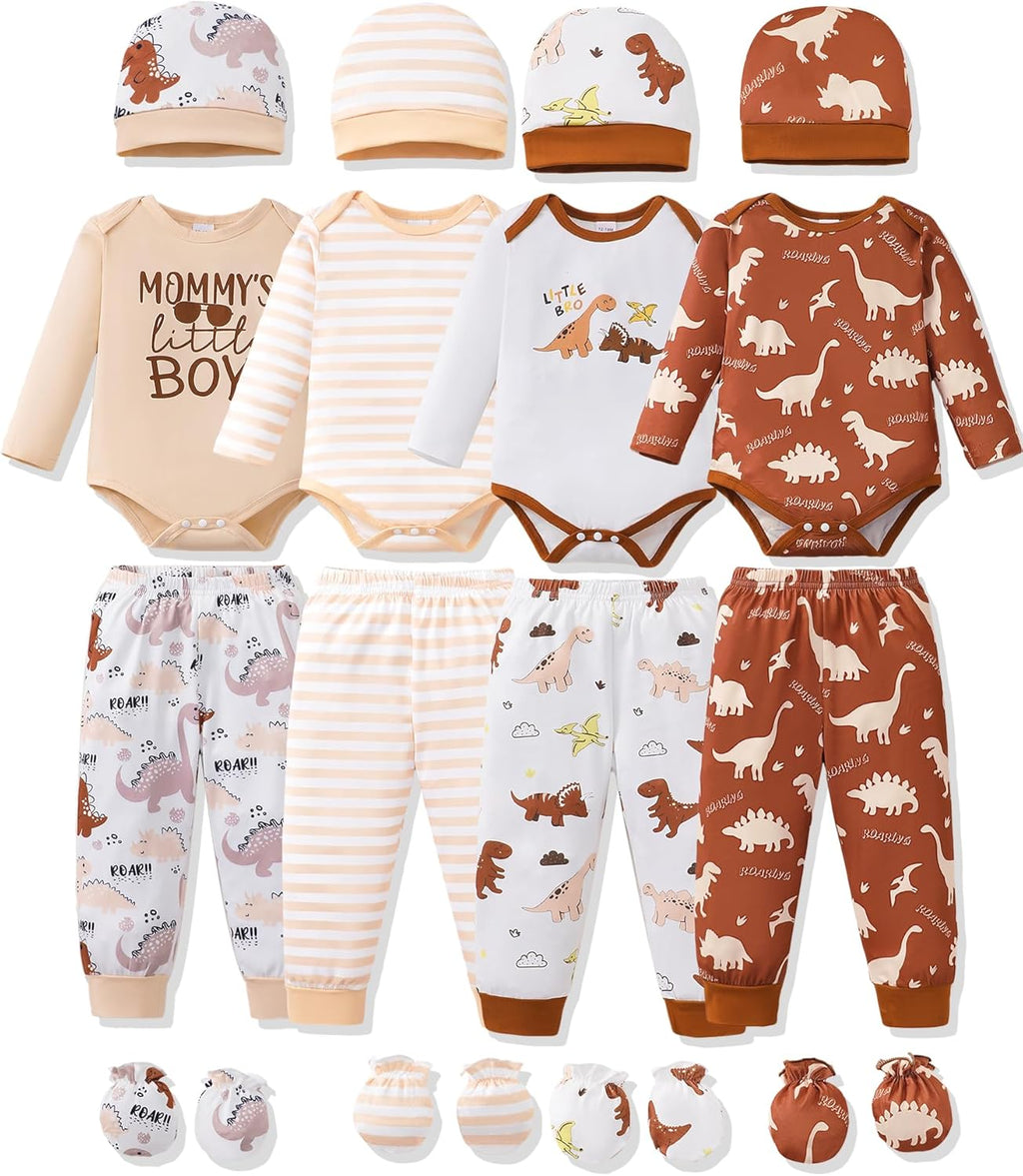 NZRVAWS Newborn Baby Boy Girl Clothes Unisex Infant Romper Pants Set Hat 4-Pack Outfits 0-12 Months 16 Pieces Toddler