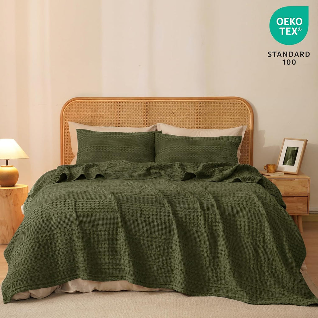 PHF 100% Cotton Waffle Weave Blanket King Size, Soft Lightweight Breathable Cozy Summer Blankets for Bed, Luxury Aesthetic Woven Bedding for Home Decor, 108"x90", Capulet Olive