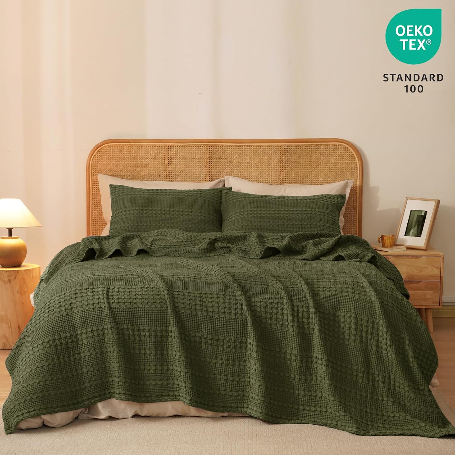 PHF 100% Cotton Waffle Weave Blanket King Size, Soft Lightweight Breathable Cozy Summer Blankets for Bed, Luxury Aesthetic Woven Bedding for Home Decor, 108"x90", Capulet Olive