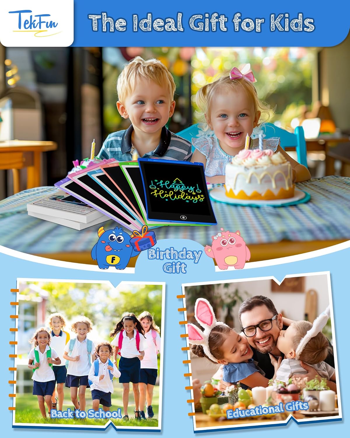 TEKFUN 2 Pack LCD Writing Tablet with Anti-Lost Stylus, 10in Erasable Doodle Board Coloring Drawing Pad for Kids, Car Trip Educational Toys Birthday Gift for 3 4 5 6 7 Girls Boys Toddler (2*Blue)