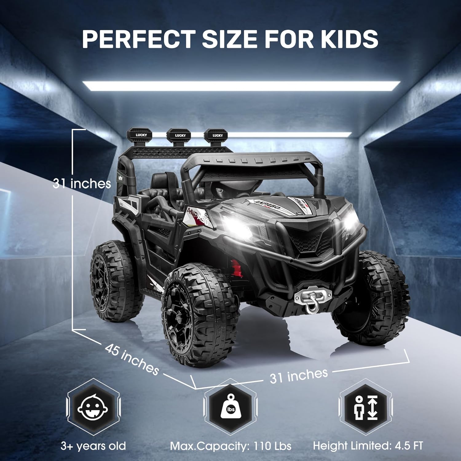 ANPABO 24V 4X4 Ride on Car Truck w/Remote Control, 4WD/2WD Switchable Kids UTV, 19" Spacious Seat, 4 Shock Absorbers, Soft Start, Music Player, Electric Car for Kids Ages 3+(Black