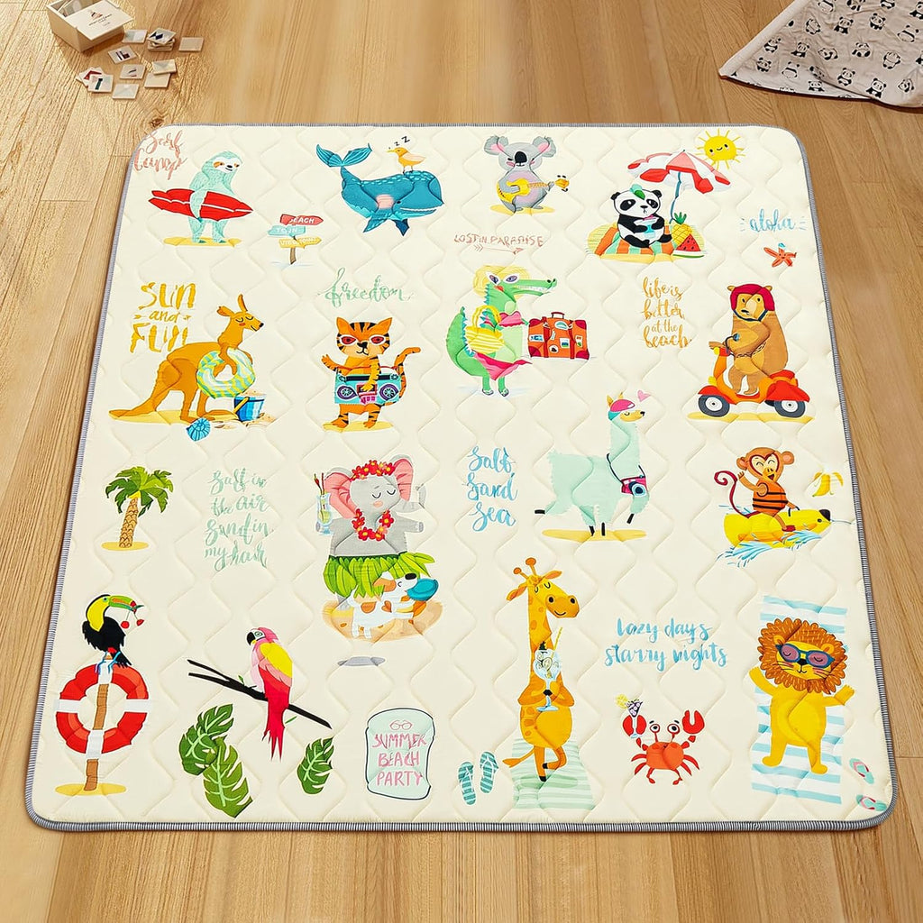 Baby Play Mat - Thicken 50x50 Inch Soft Foam Crawling Mat for Playpen & Floor, Non-Slip Waterproof Playmats for Infants & Toddlers, Portable Foldable & Machine Washable, Beach Animals