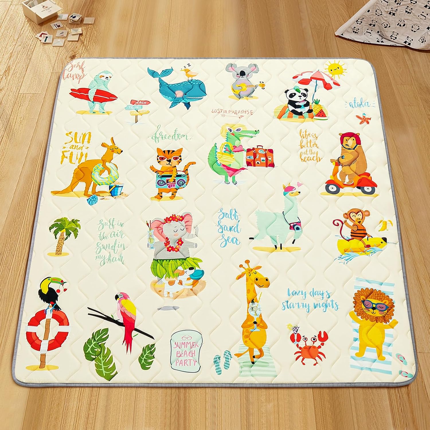 Baby Play Mat - Thicken 50x50 Inch Soft Foam Crawling Mat for Playpen & Floor, Non-Slip Waterproof Playmats for Infants & Toddlers, Portable Foldable & Machine Washable, Beach Animals
