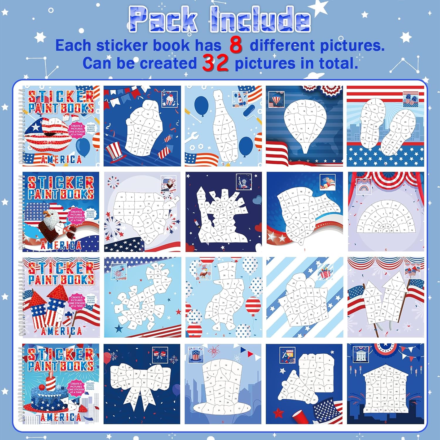 4Pcs Patriotic Paint by Sticker Books Sticker by Number Books Activity Book Puzzle Book Craft Art Gift Memorial Day 4th of July American Star 32 Pictures