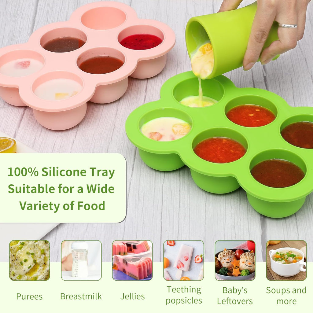 Baby Silicone Freezer Tray with Clip on Lid, 6 x 3 OZ Baby Silicone Freezer Molds, Silicone Storage Container for Homemade Baby Food, Fruit Purees & Vegetables (Bright Green)