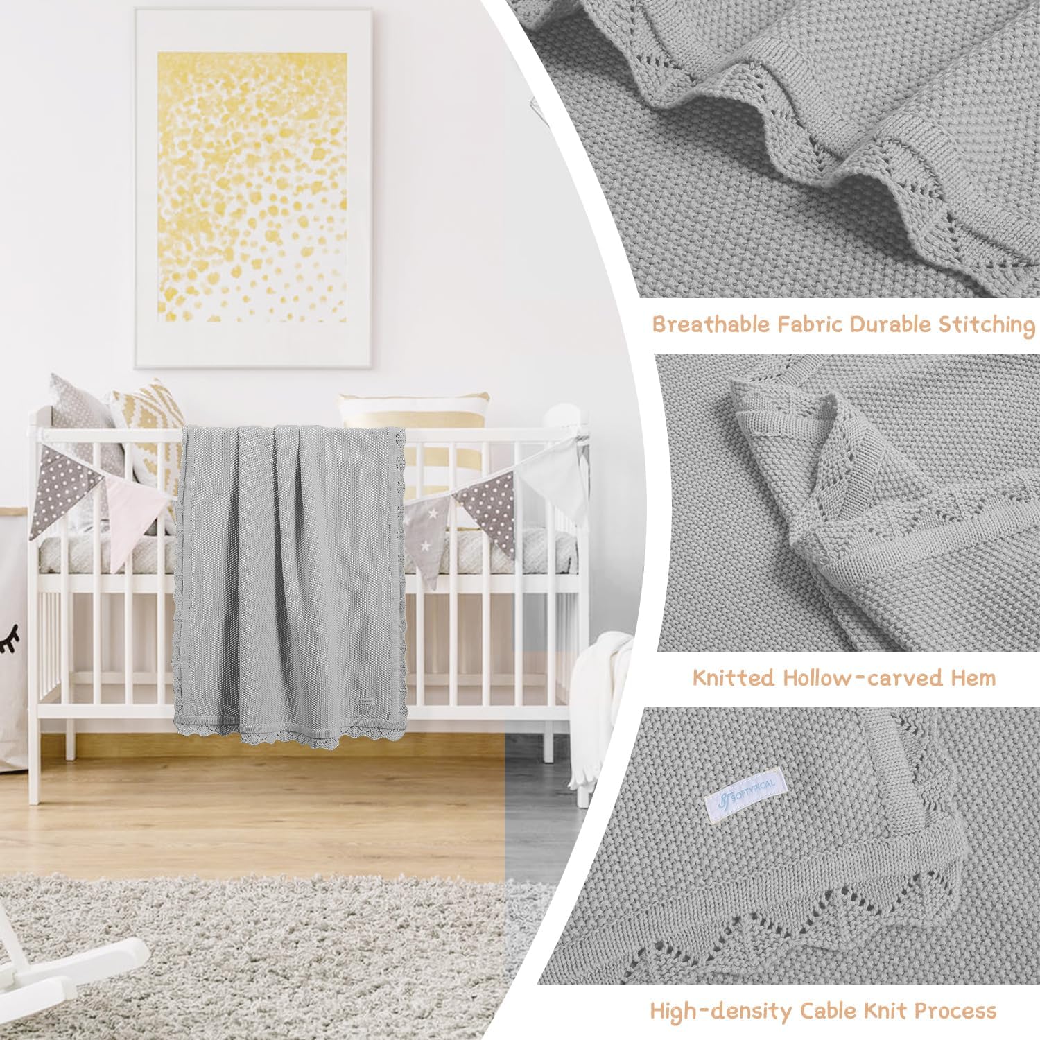 Cotton Baby Blankets 100% Knit Soft Warm Lace Toddler Newborn Nursery Receiving Blankets,30 X 40 Inches, Light Gray