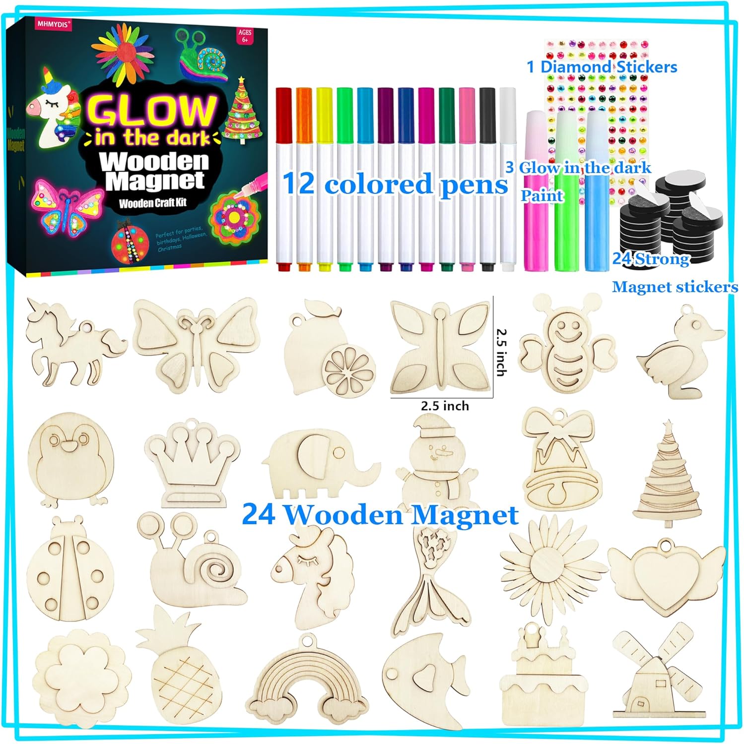 Wooden Magnets Painting Kit - Glow in The Dark - Arts & Crafts Supplies Painting Kit for Kids 4-8 8-12 - Family Crafts and Birthday Christmas Activities, Party Favors for Boys Girls Ages 4 5 6 7 8 9