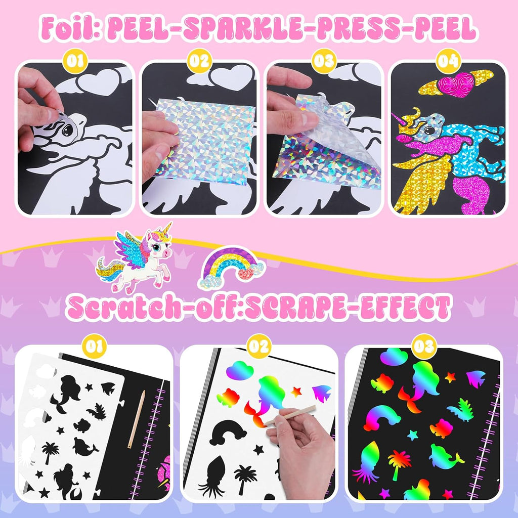 homicozy Art & Craft Activity for Kids: Foil Fun Unicorns and Princess & Scratch Art Book 2-in-1,No Mess Art Crafts for Girls,DIY Creative Activity Kit,Gifts for Girls Ages 4,5,6,7,8,9, Travel Toys