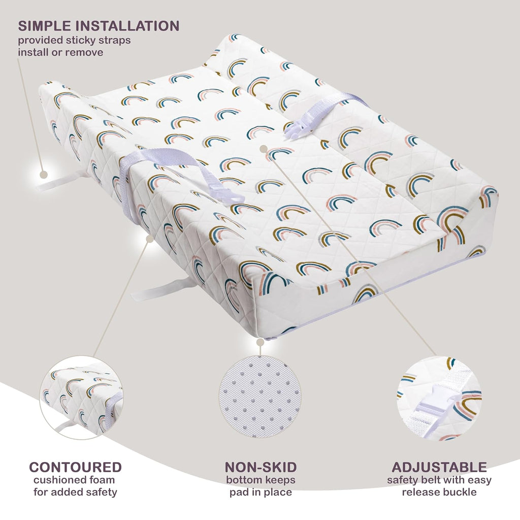 Organic Cotton Contoured Baby Changing Pad w/Waterproof Foam Mattress, Includes Soft, Removable & Washable Cover, Safety Strap, Non-Slip Bottom, Topper for Standard Size Infant Diaper Table & Dresser