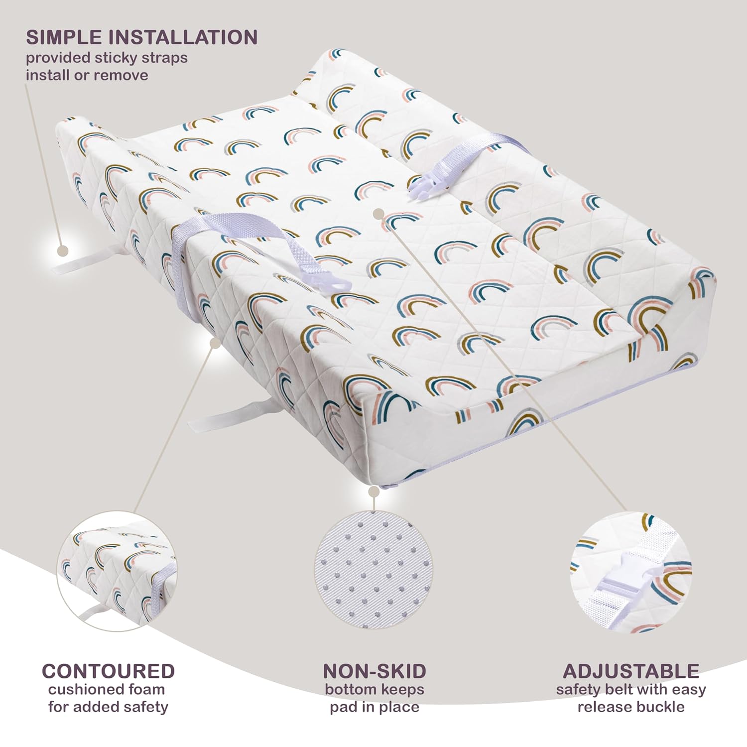 Organic Cotton Contoured Baby Changing Pad w/Waterproof Foam Mattress, Includes Soft, Removable & Washable Cover, Safety Strap, Non-Slip Bottom, Topper for Standard Size Infant Diaper Table & Dresser