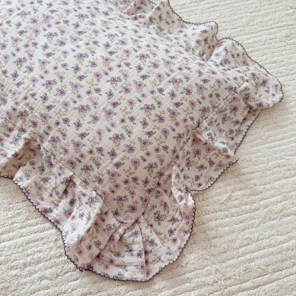 BuLuTu Purple Floral Muslin Cotton Toddler Pillowcases with Ruffles, 1 pc, 14"x20", Oeko-TEX Certified Gauze Muslin Pillow Cover for Girls Boys Crib Size Pillow Cases for All Seasons