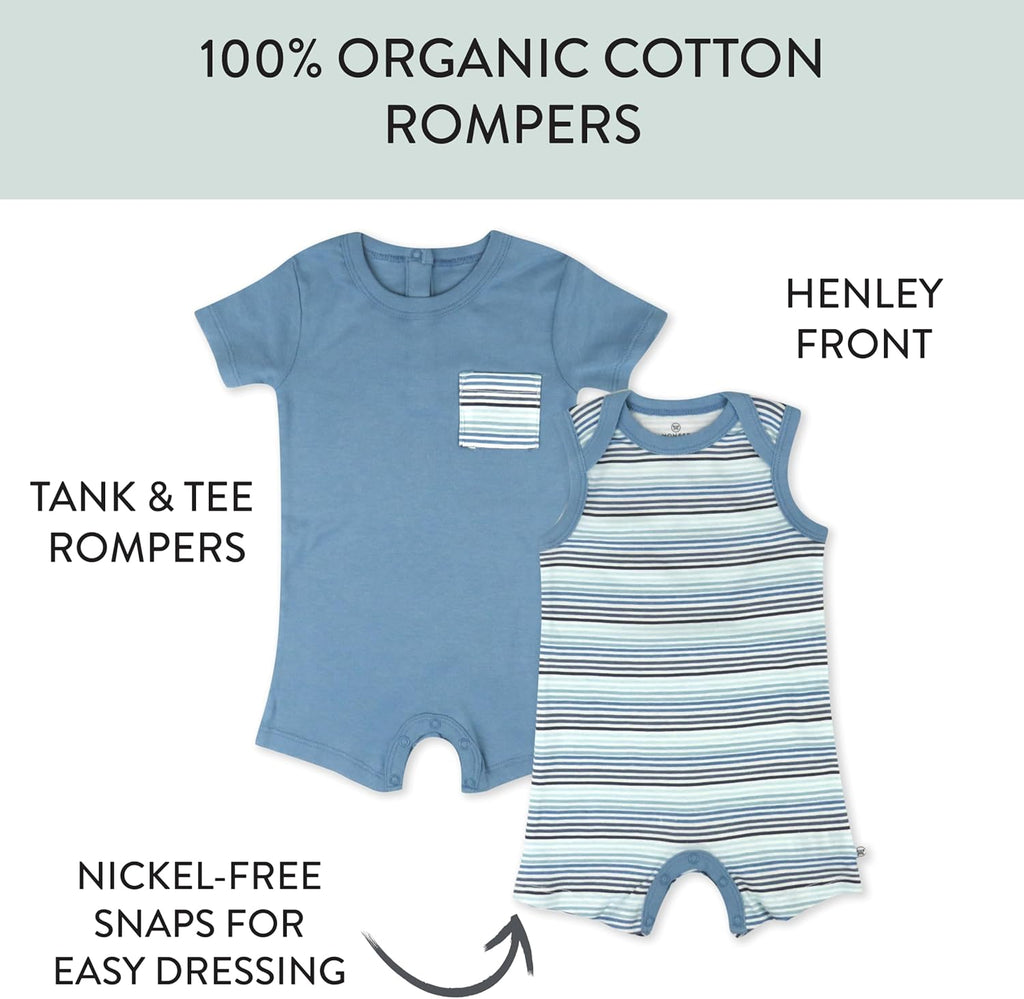 HonestBaby Short Sleeve and Tank Romper 100% Organic Cotton for Infant Baby and Toddler Boys