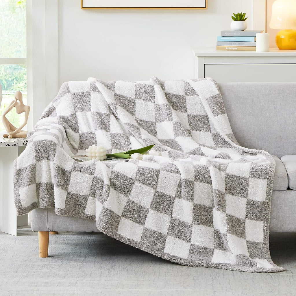 WRENSONGE Checkered Throw Blanket, Light Grey Soft Cozy Fluffy Warm Hand Made Throw Blankets for Couch, Sofa, Chair, Bed, Camping, Picnic, Travel Lightweight Bed Blanket - 50"*70"
