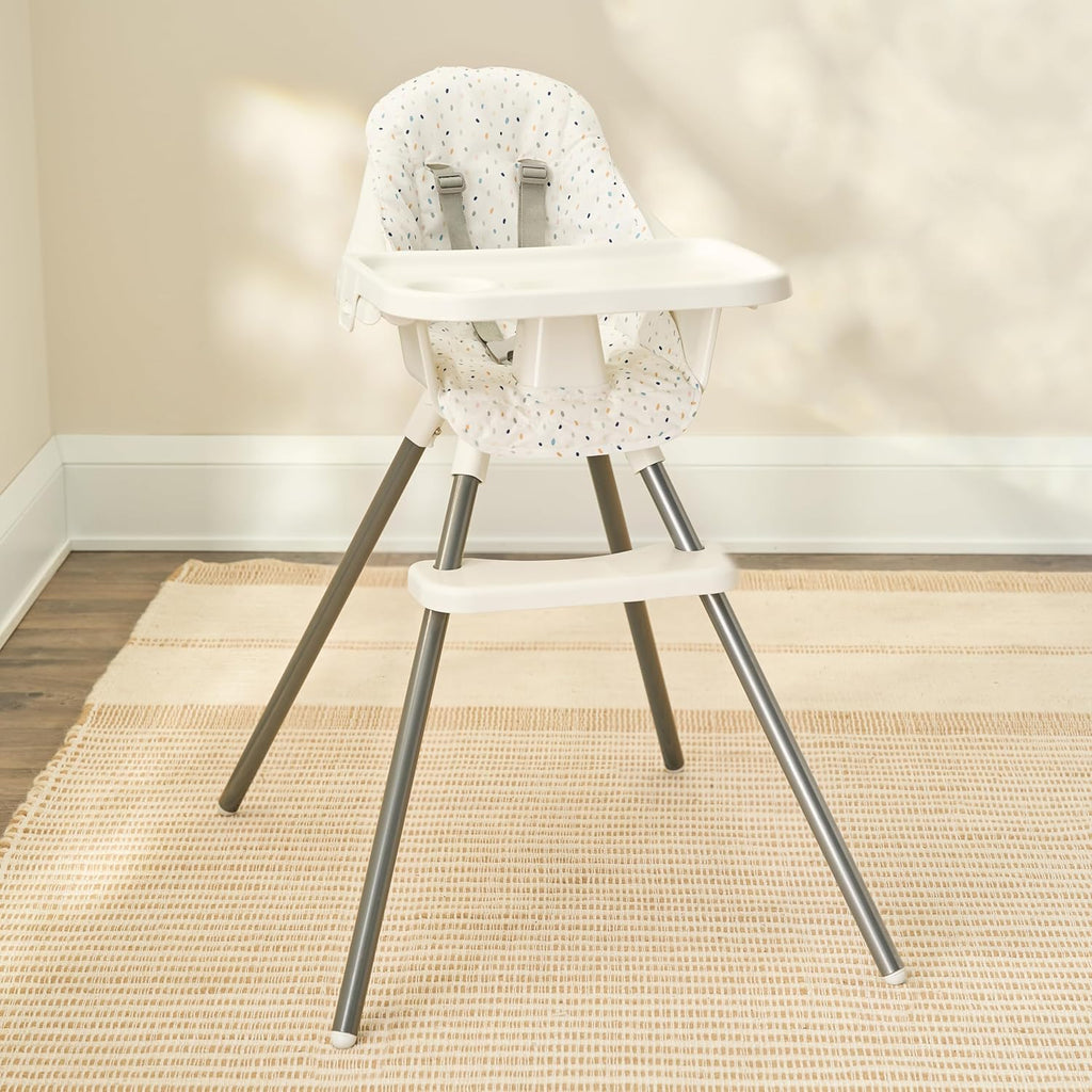 Regalo High Chair with Rainbow Seat Pad for Babies and Toddlers, Award Winning Brand, Removable Oversized Tray with Cup Holder, Five Point Harness, White