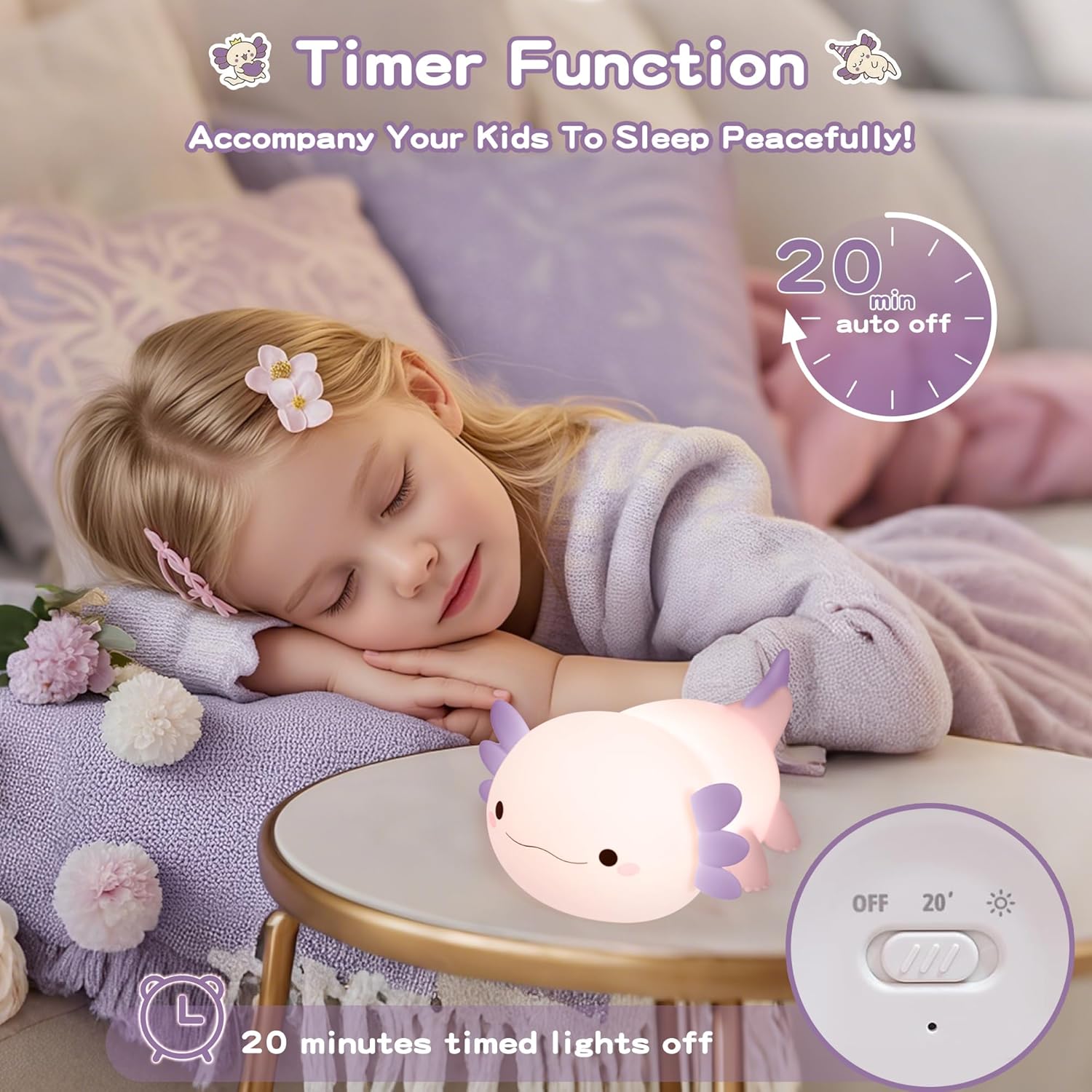 Axolotl Night Light for Kids,Cute Purple Axolotl Lamp,LED Squishy Nursery Nightlight, Food Grade Soft Silicone Novelty Animal Bedside Lamp,Adorable Room Decor, Axolotl Gitfs for Mother Girls Baby