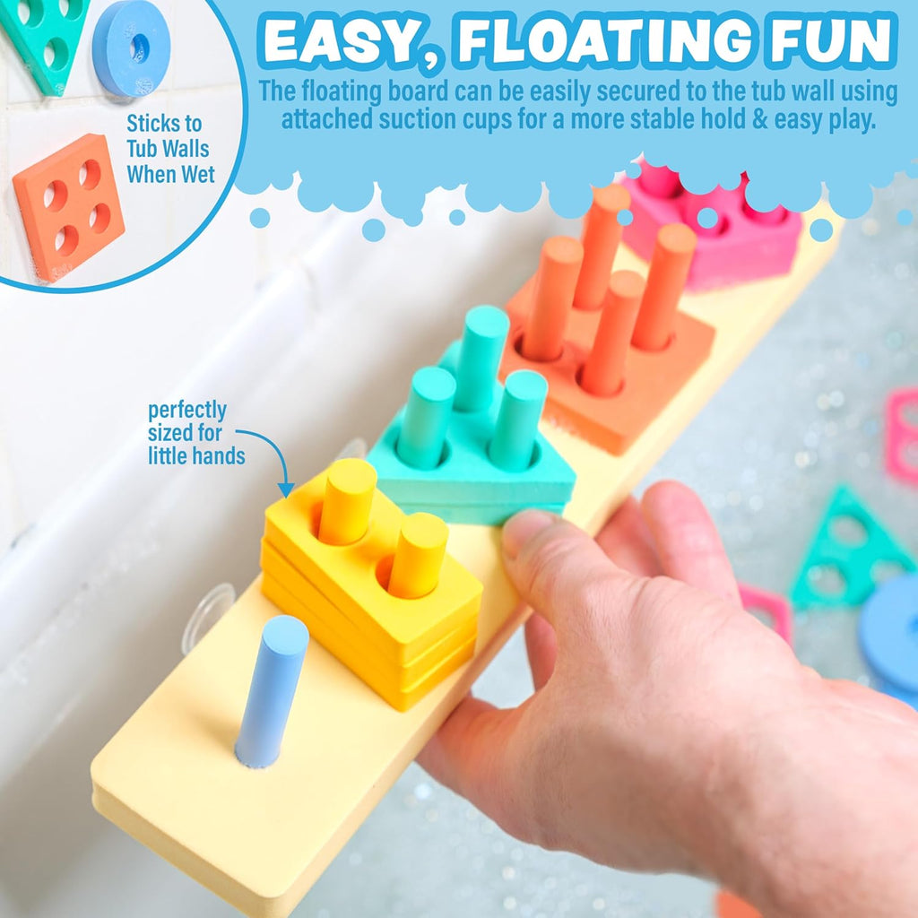 Tub Works® Splash, Stack & Sort™ Shape Sorter & Stacking Toddler Bath Toy | 20 Foam Pieces | Color Sorting & Shape Stacking Kids Bath Toys | Floats & Sticks to Tub Walls | Early Learning Bathtub Toys