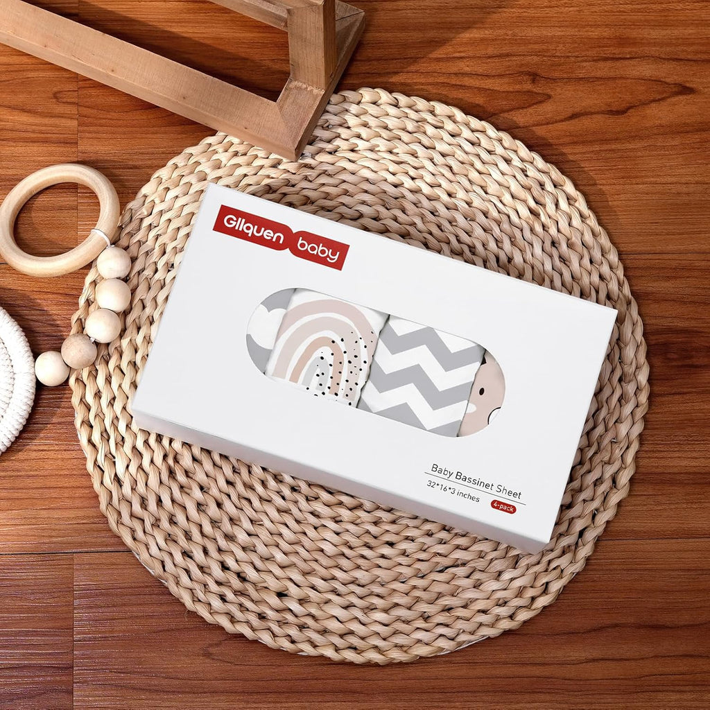 Gllquen Baby Bassinet Sheets 4 Pack, Breathable Cozy Fitted Mattress Sheet, Elastic Travel Crib Fashionable Pattern, Standard Cradle Safe Sheets for Baby Boys Girls 32"x16"(Rainbow)