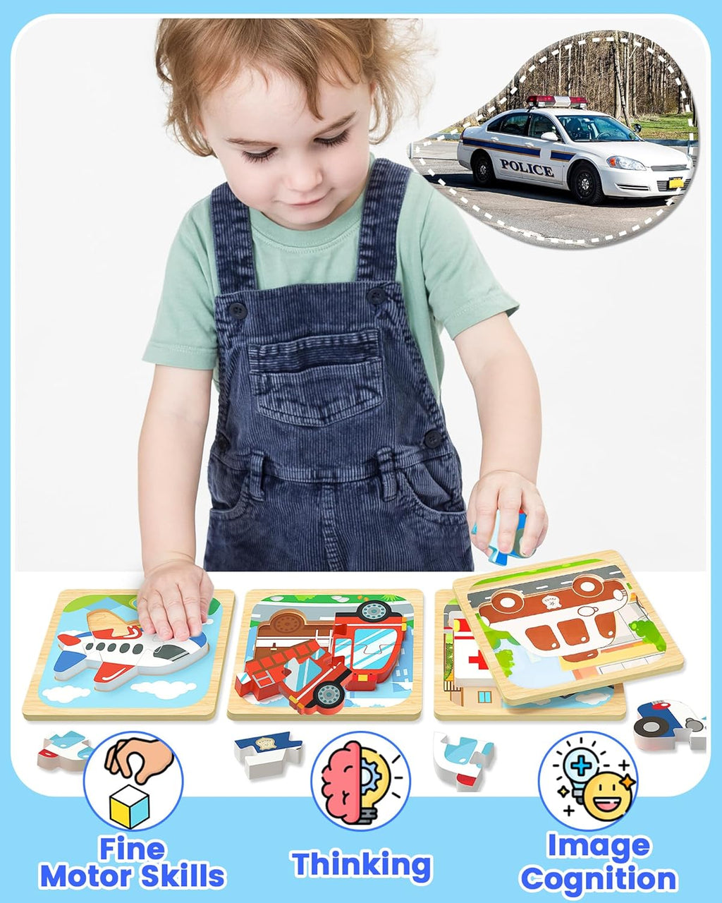 Benresive Wooden Toddler Puzzles, Montessori Toys for 1 2 3 Year Old Boys, Toys for 1 2 3 Year Old Boy Birthday Gifts, 4 Pack Vehicle Toddler Learning Educational Puzzles