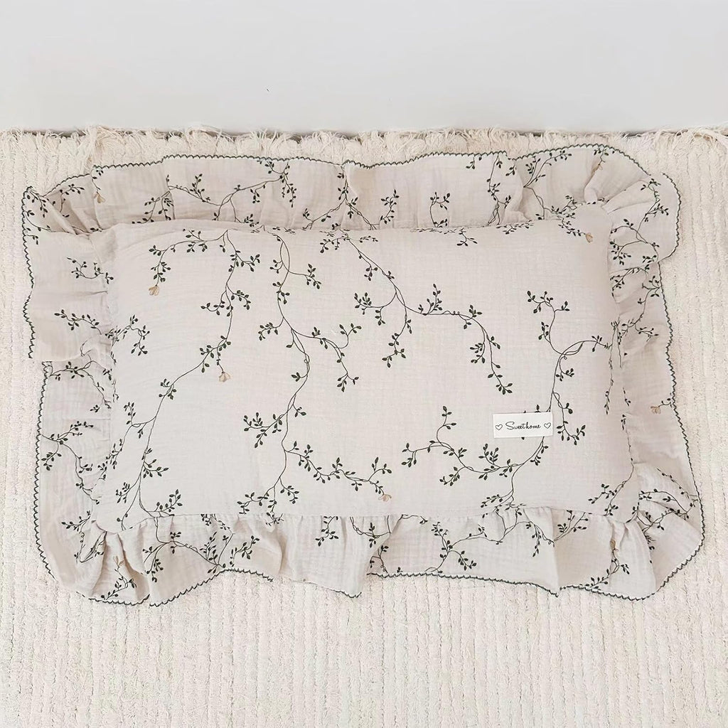 BuLuTu Muslin Toddler Pillowcase Boys Girls Shabby Chic Floral Design Pillow Cases 100% Cotton Gauze Pillow Covers with Envelope Closure,Soft Breathable,Vine Pattern,14"x20"