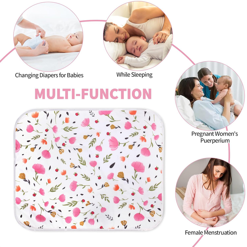 Diaper Changing Pads for Baby, Flower Change Mat, 3Layers Waterproof Change Pad Foldable Absorbent Mats for Women, Reusable Incontinence Underpads for Patient 24''x30'' (Purple Flower)