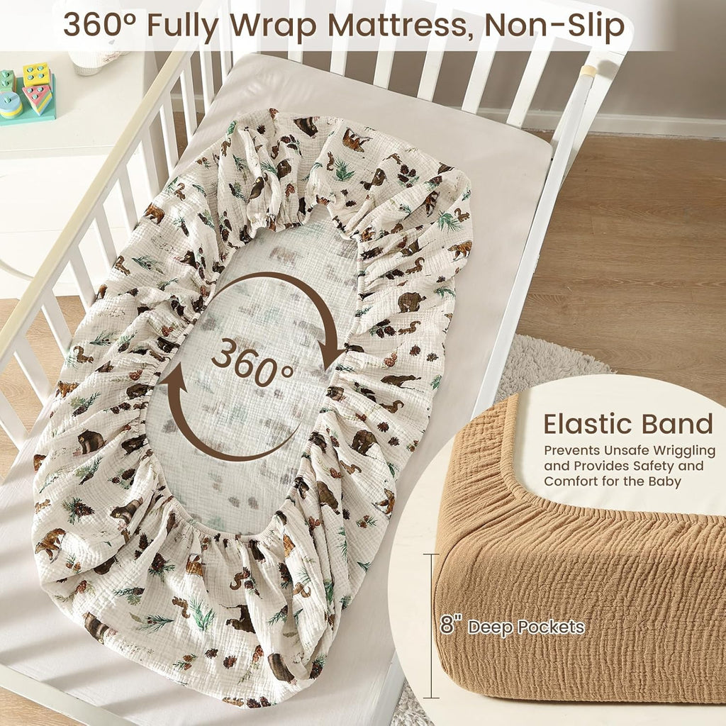 david's kids Muslin Crib Sheets for Boys Girls, 2 Pack 100% Cotton Soft Breathable Fitted Baby Sheet Set, 28x52 Inch Fits Standard Crib and Toddler Mattresses, Woodland Animal