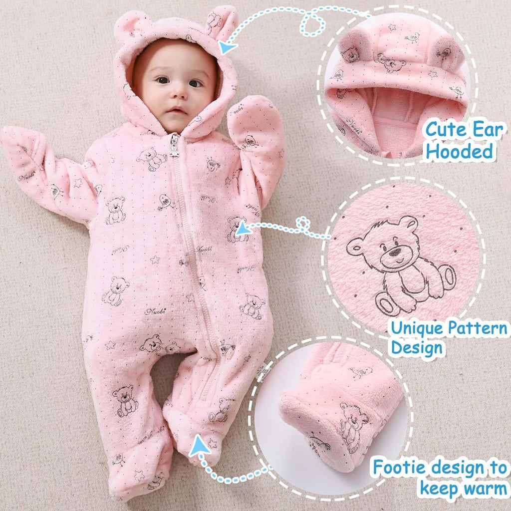 Fairy Baby Newborn Baby Bear Onesie Thin Fleece Footie Romper Snowsuit Hooded Jumpsuit Bodysuit Winter Outwear Boy Girl 0-12M