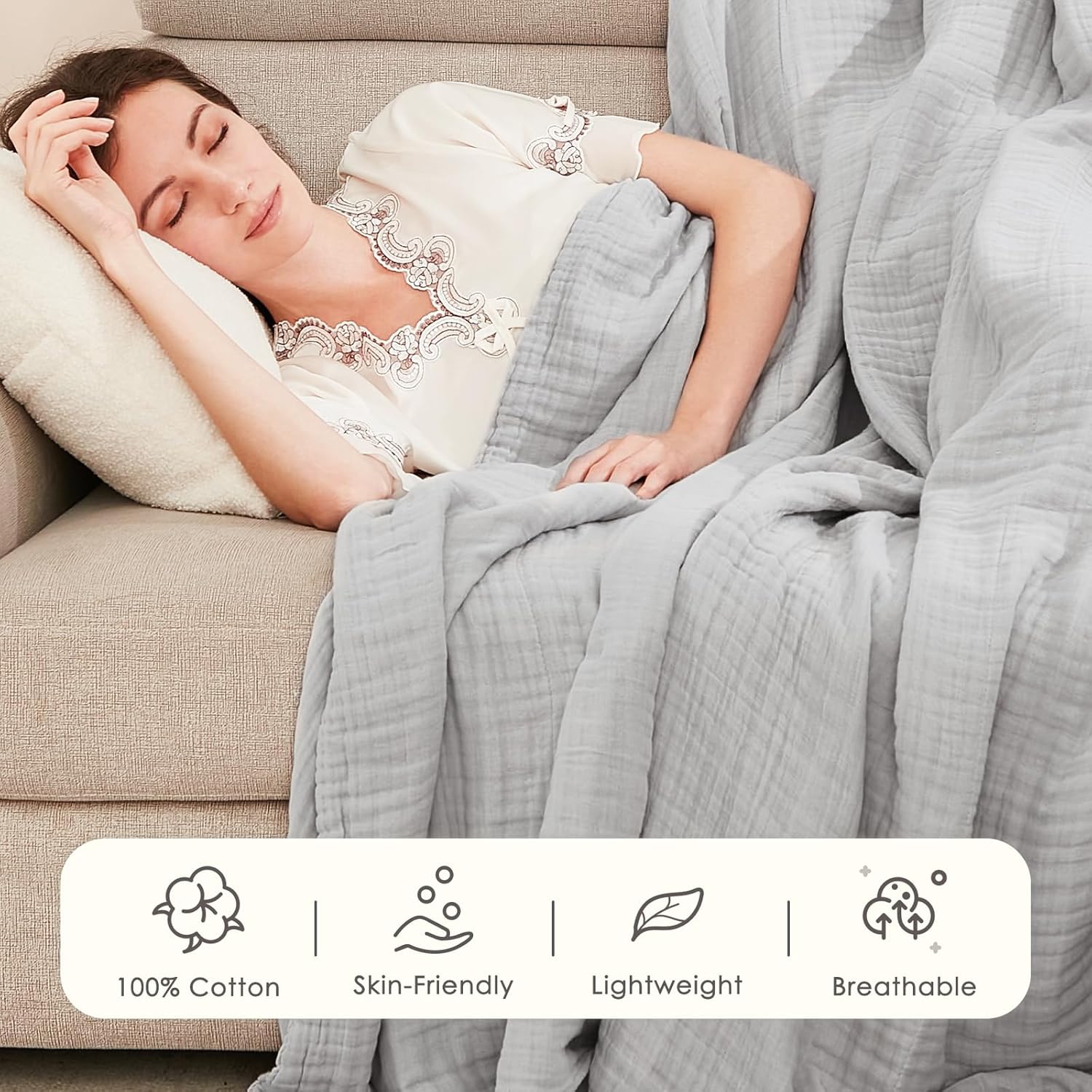 EMME Cotton Blanket Twin XL for Bed Soft Muslin Blankets 66"x90" Lightweight Breathable Layering Bedspread Coverlet All Season Gauze, Light Grey