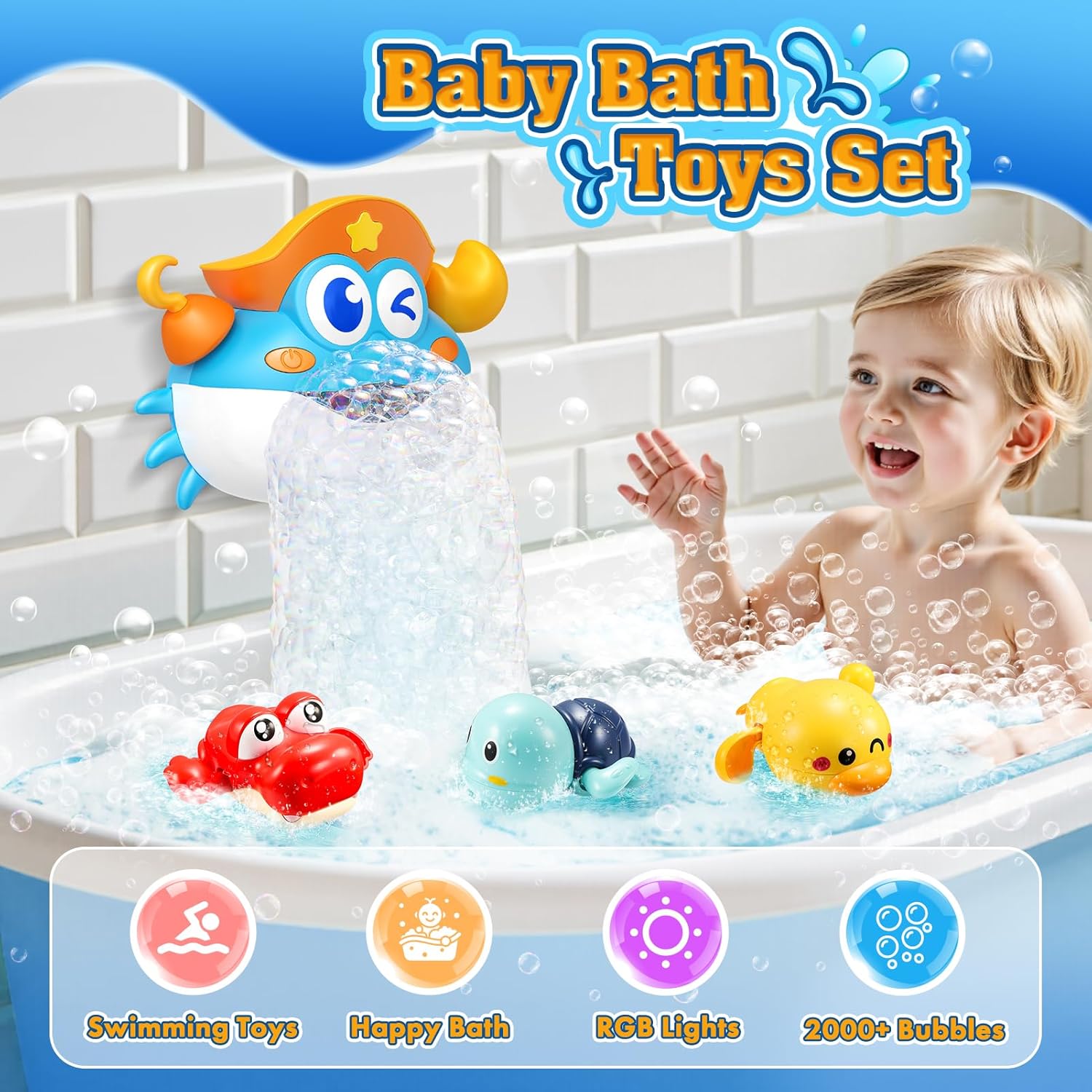 Baby Bath Toys,Light Up Crab Bubble Machine Blower with LED Lights,3 Cute Wind-Up Bath Toys for Kids Ages 1-3 4-8 Toddler Bathub Toy Great Birthday Gifts for Kids