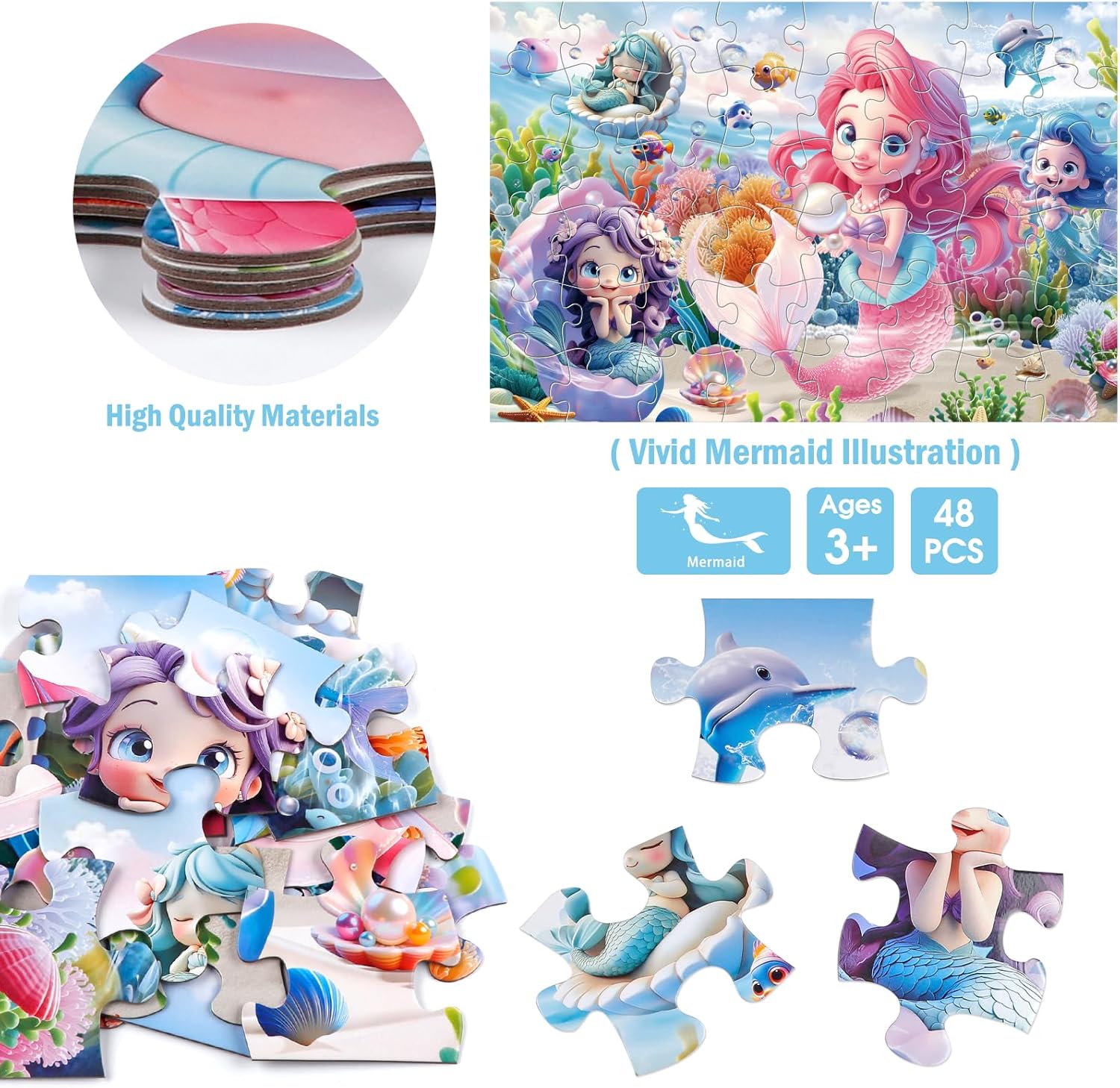 Jumbo Floor Puzzle for Toddlers & Kids Ages 3-5, 48-Piece Mermaid and Underwater Large Jigsaw Puzzle with Educational Fun, Great Gift for Boys & Girls Ages 4-8
