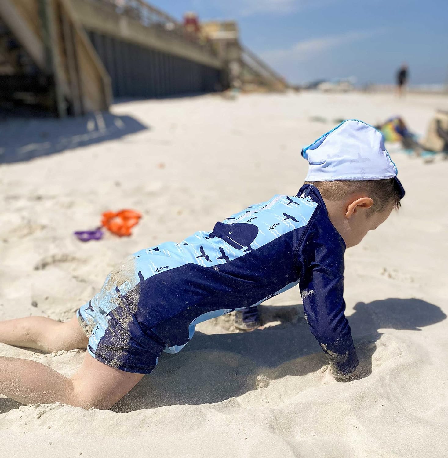 uideazone Baby Boys One Piece Swimsuit Long Sleeve UPF 50+ Rash Guard Bathing Suit Swimwear with Sun Hat 0-24 Months