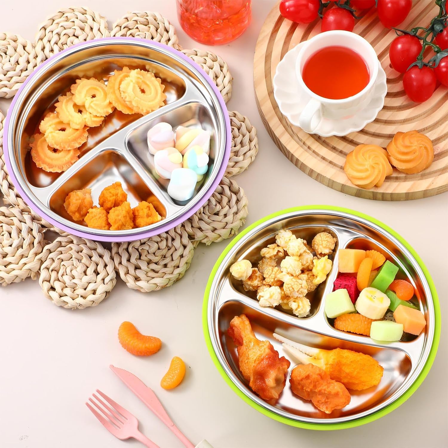 Nuogo 2 Pcs Stainless Steel Baby Suction Plates with Removable Silicone Shell 2-in-1 Metal Toddler Bowl Divided for Picky Eaters Kids Feeding Led Weaning Supplies, Dishwasher Safe (Purple,Green)