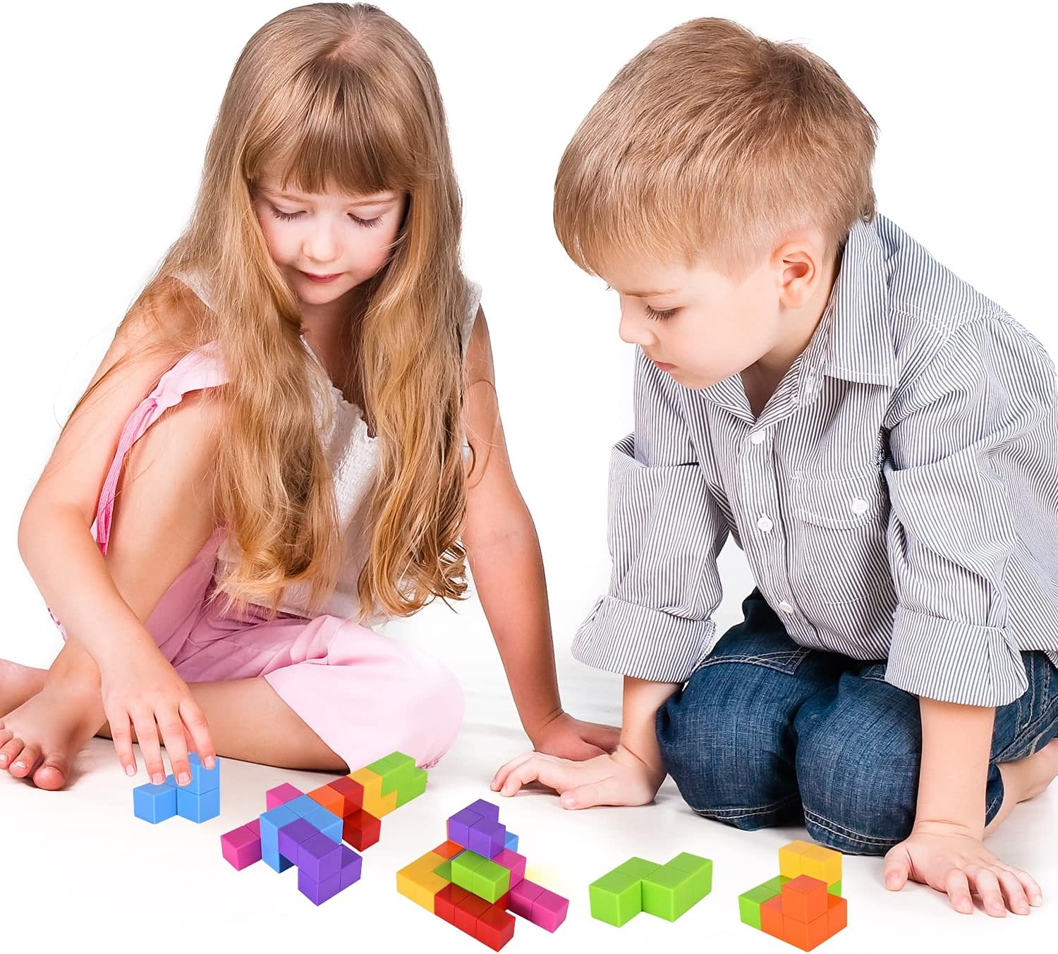 WorWoder Kids Magnetic Building Blocks Magic Magnetic 3D Puzzle Cubes, Set of 7 Multi Shapes Magnetic Blocks with 54 Guide Cards, Intelligence Developing and Stress Relief Fidget Toys for Kids(Pink)