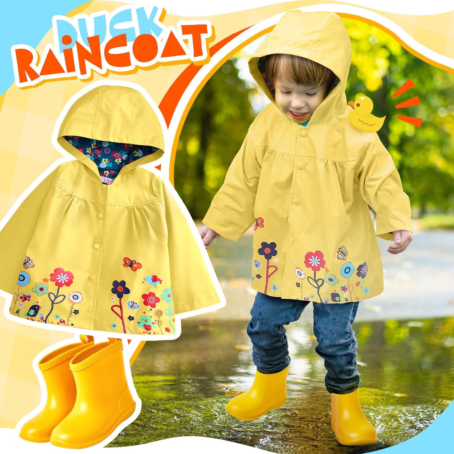 2 Pcs Toddler Raincoat Rain Boots Set Kids Baby Cartoon Hoodie Zipper Jacket Short Rain Shoes for Little Boys Girls