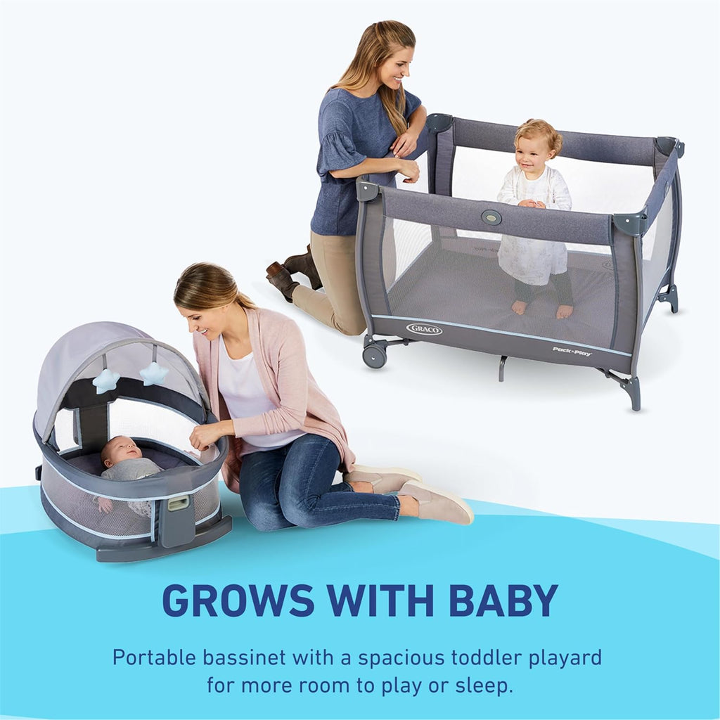 Graco Pack n Play Travel Dome DLX Playard, Astin with Portable Bassinet and Integrated Storage Organizer