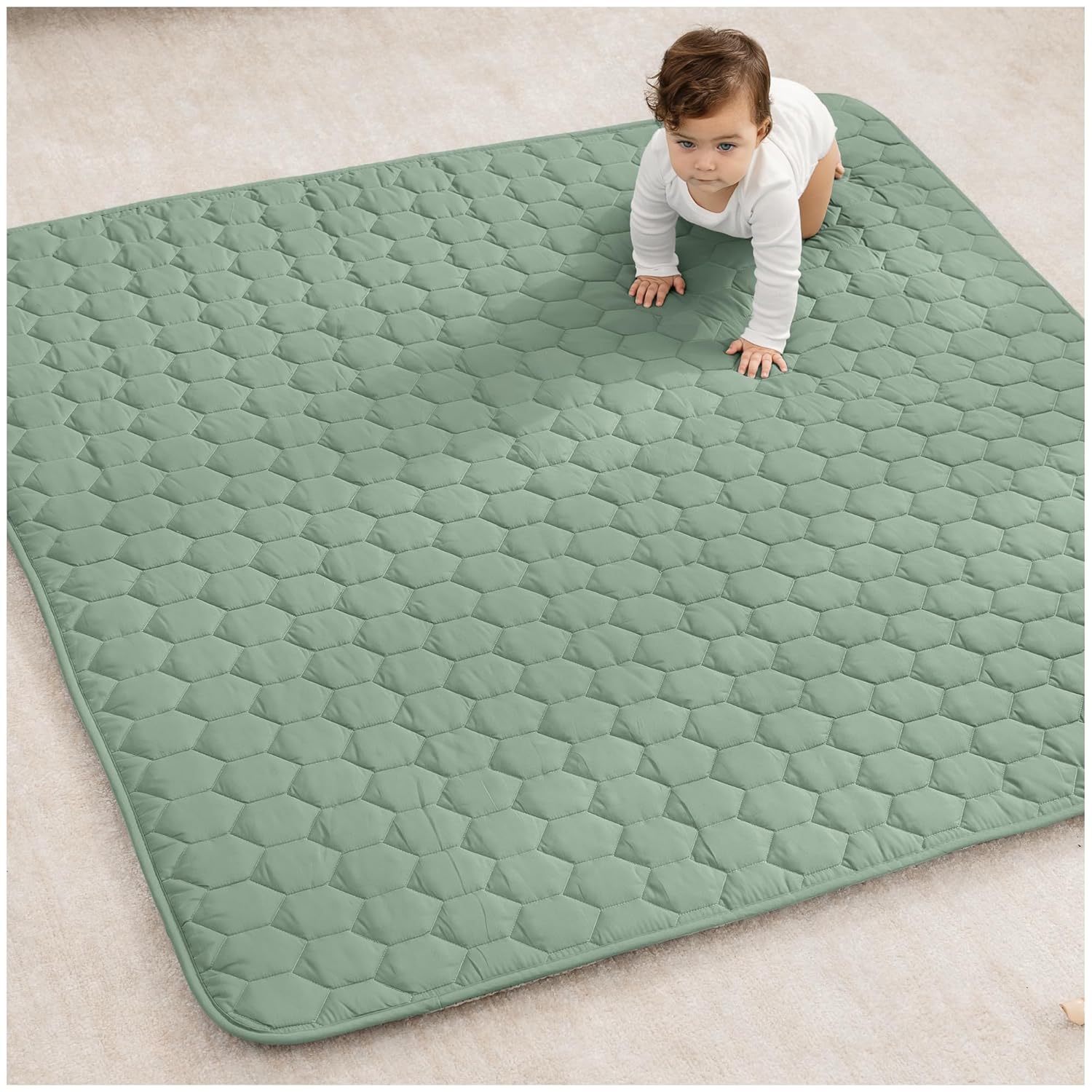 Comfy Cubs Square Kids Play Mat - 56 x 56 inches Soft Quilted Baby Floor Mat with Non-Slip Bottom - Plush Design for Toddlers' Playtime and Relaxation - Comfortable and Durable - Fern