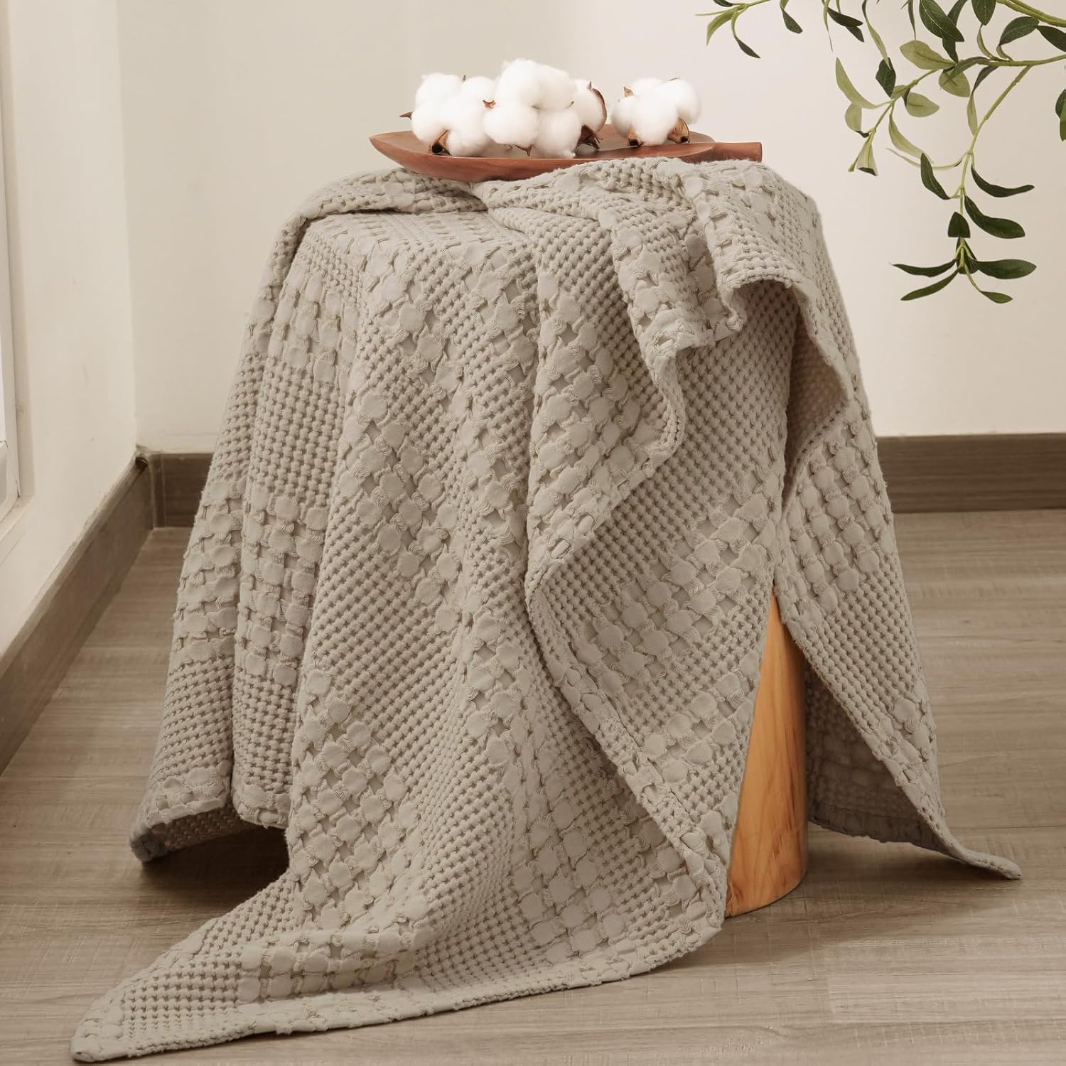 PHF 100% Cotton Waffle Weave Throw Blanket, Soft Lightweight Breathable Cozy Summer Throws for Couch Bed Sofa, Luxury Aesthetic Woven Blanket for Home Decor & Office, 50"x60", Simply Taupe