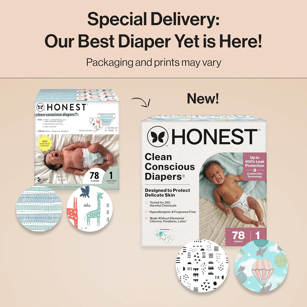 The Honest Company Clean Conscious Diapers for Delicate Skin | Up to 100% Leakproof | Hypoallergenic, Fragrance Free | Gender Neutral | Club Box, Size 1 (8-14 lbs), 78 Count (Prints May Vary)