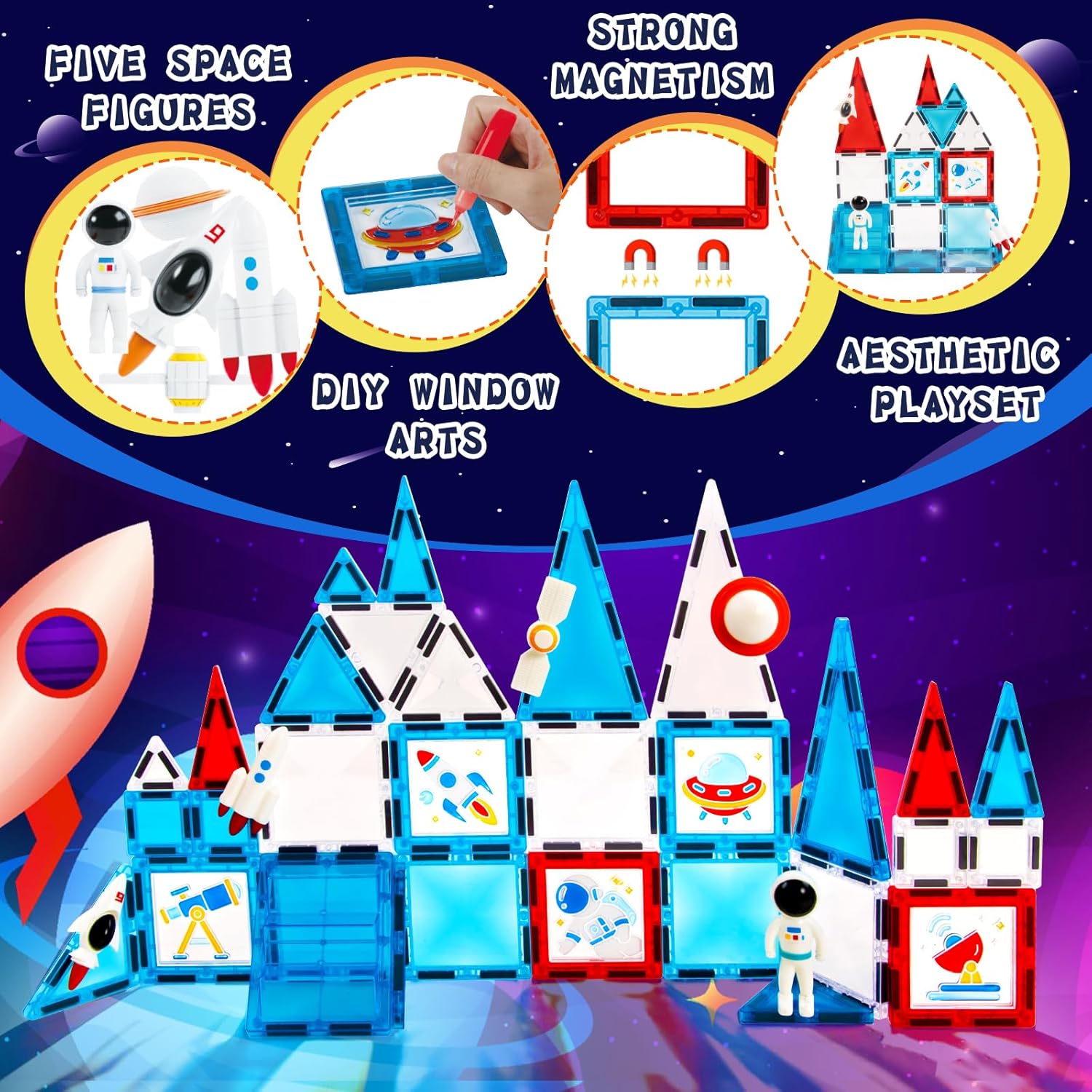 Magnetic Tiles - 58 Pcs Space Magnets Building Blocks Set - Sensory Travel Toys for Toddler - STEM Construction Playboards Stacking Toy - DIY Window Art - Birthday Gifts for Boy, Girl, Kids Ages 3-12