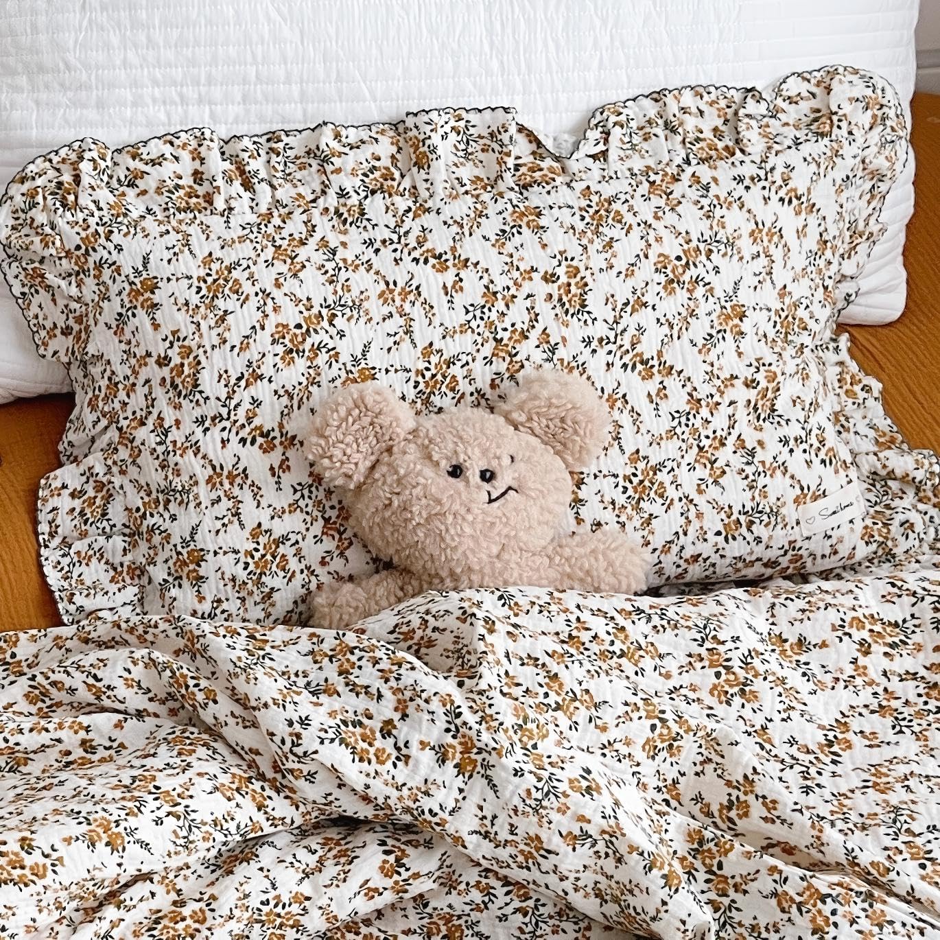 BuLuTu Soft Cotton Muslin Kids Toddler Pillowcases Hibiscus Flowers Pattern, Shabby Chic Floral Nursery Pillow Case 14"x20" for Boys Girls, Durable Pillow Cover Ruffle Edges Travel Pillow Cases