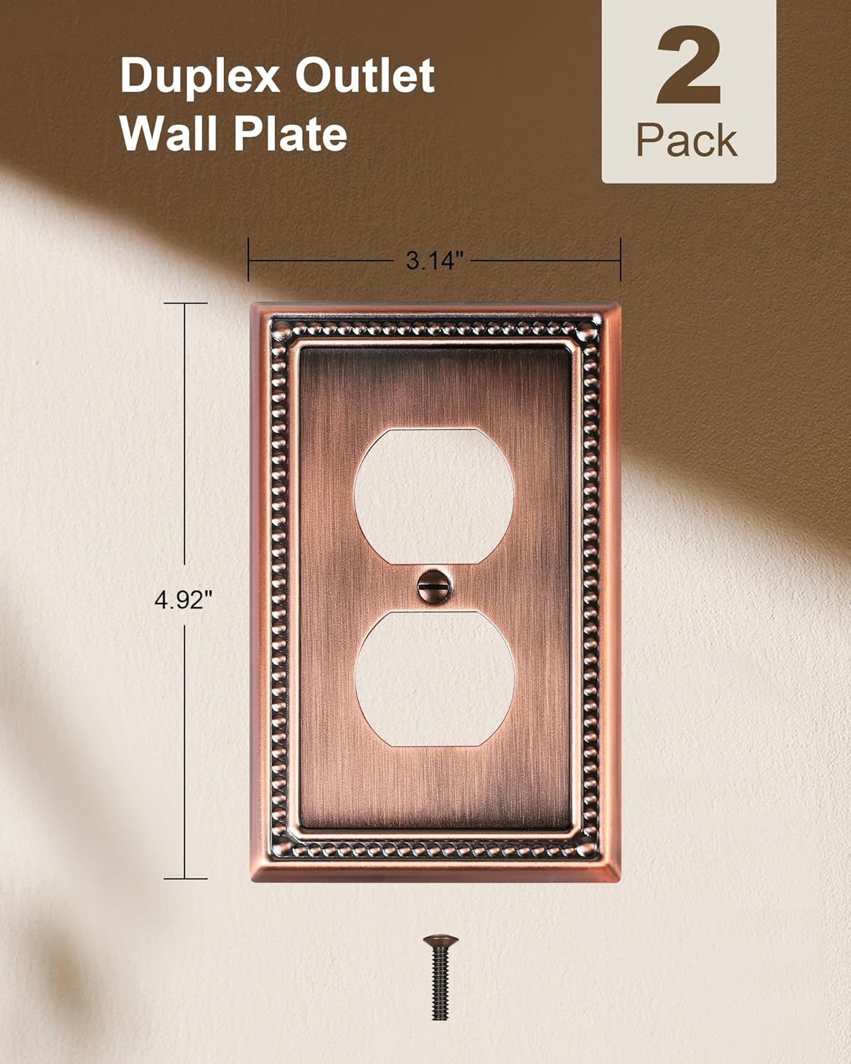 2-Pack Duplex Outlet Cover Plate, Antique Copper Metal Wall Plates for Electrical Outlets, 1 Gang Receptacle Cover, Pearls Decorative Switch Plates and Outlet Covers