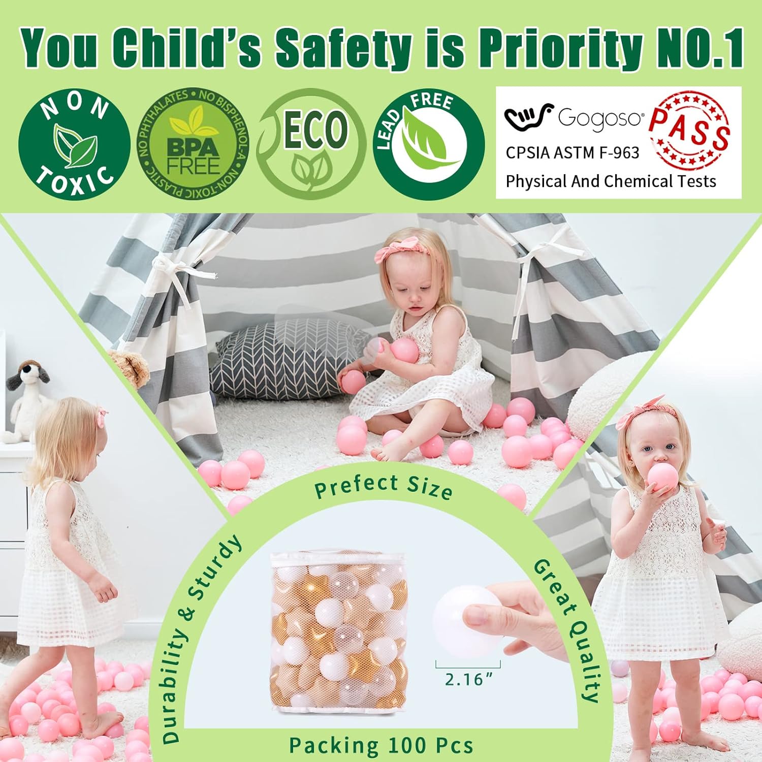 GOGOSO Ball Pit Balls with Starballs 100 - Crushproof Plasticballs for Babies Toddlers Kids Children for 1 2 3 4 5 Years Old,5 Colors,2.15inches, Beige Gold White Clear