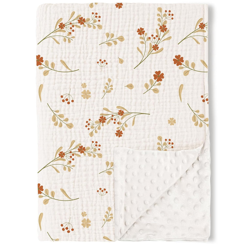 Konssy Baby Blankets for Unisex Boys Girls, Super Soft Nursery Minky Blankets with Muslin Cotton Front and Dotted Fleece Backing, Printed Bed Throws Newborn