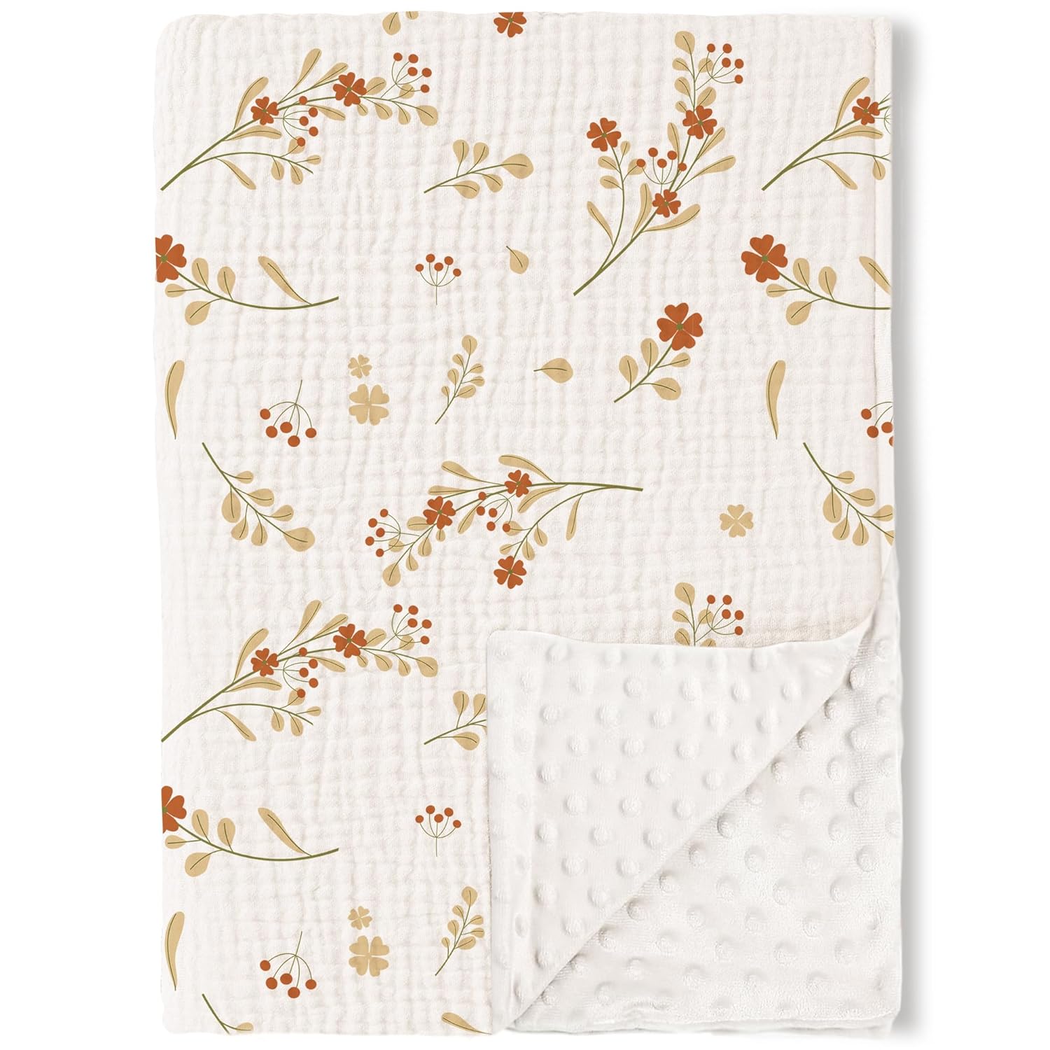 Konssy Baby Blankets for Unisex Boys Girls, Super Soft Nursery Minky Blankets with Muslin Cotton Front and Dotted Fleece Backing, Printed Bed Throws Newborn