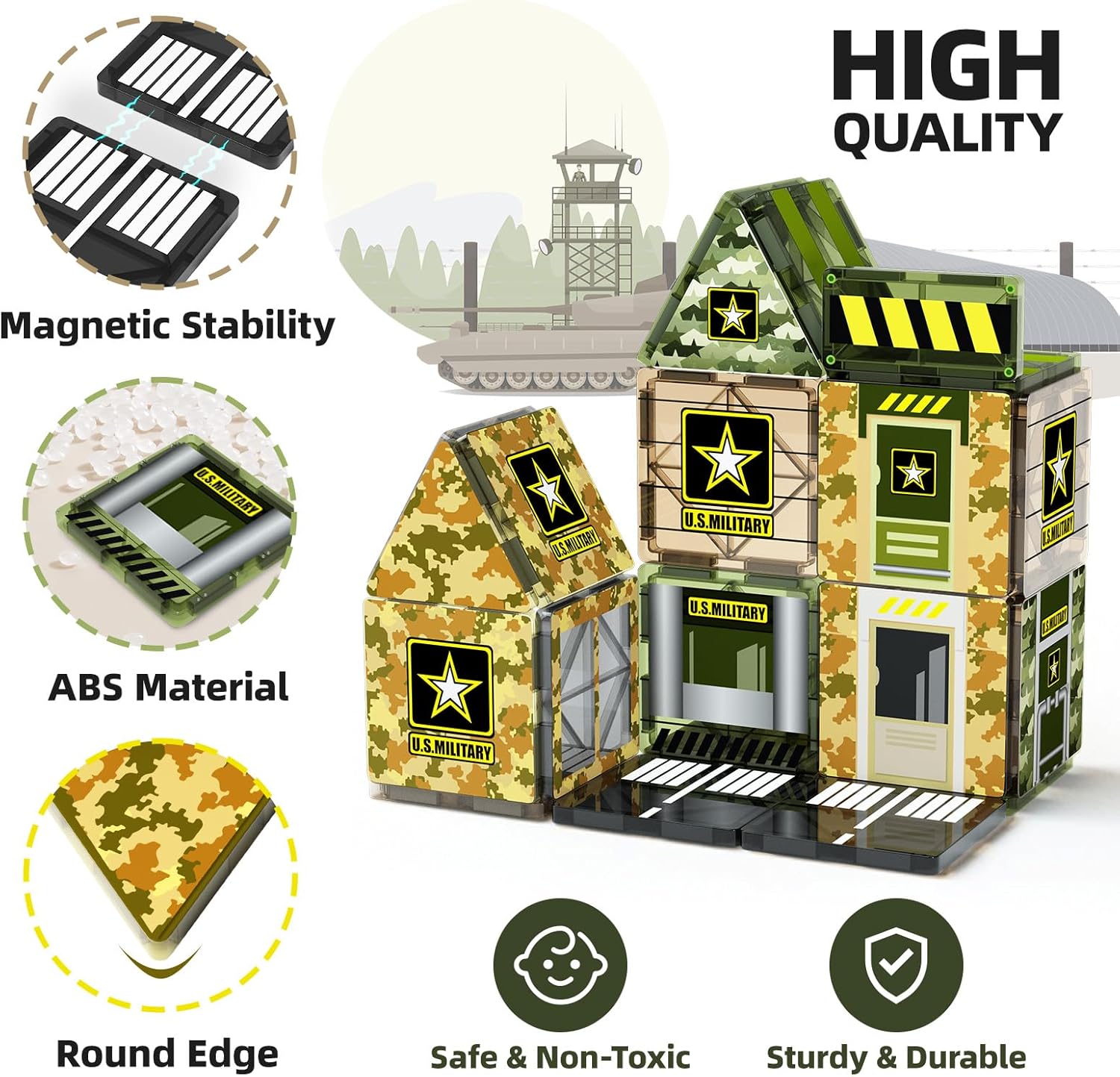 GobiDex Magnetic Tiles Army Toys, STEM Military Magnetic Building Blocks for Toddler Kids Ages 3-5 4-8, Sensory Magnet Construction Toys Birthday Gifts for 3+ Year Old Boys & Girls Army Men Playset