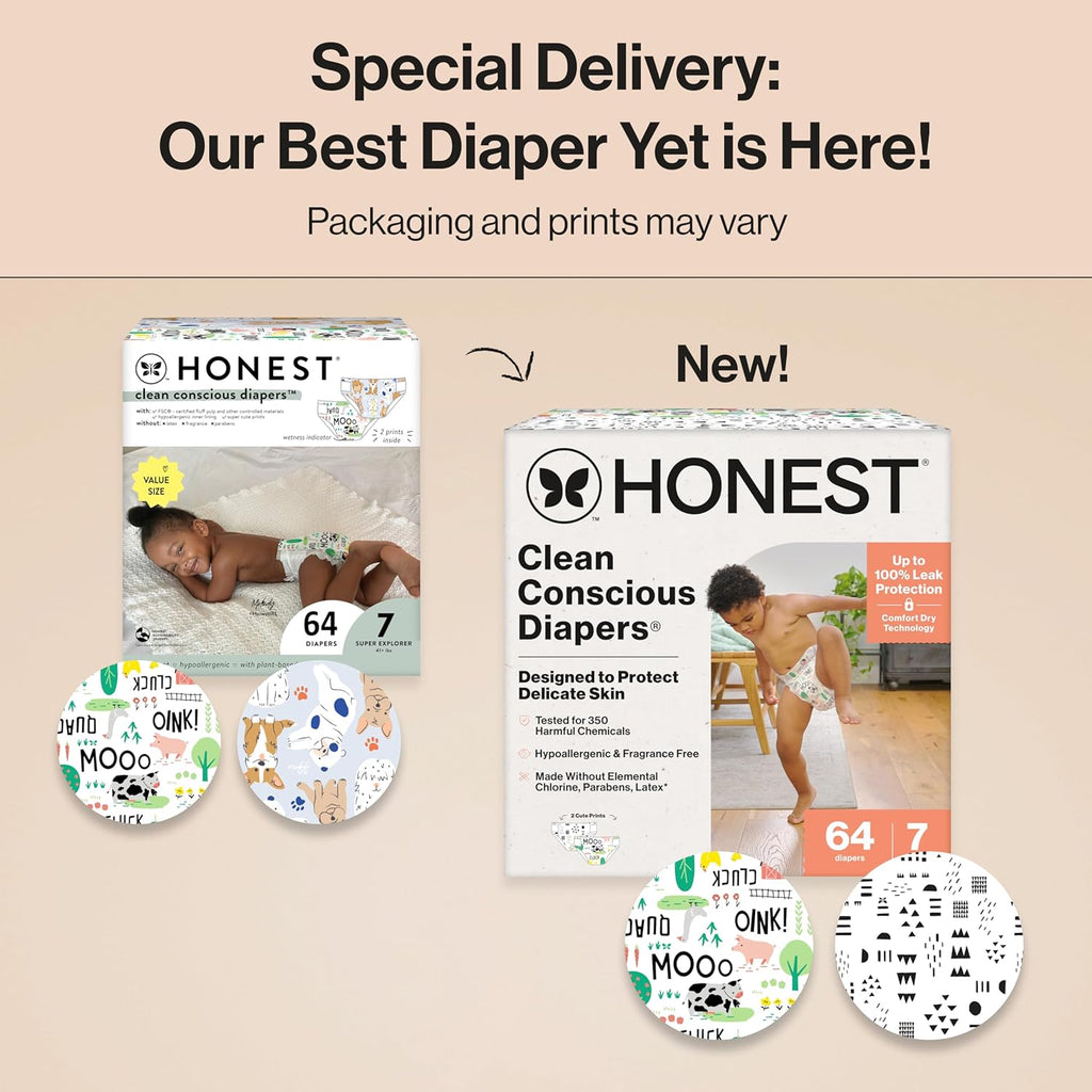 The Honest Company Clean Conscious Diapers for Delicate Skin | Up to 100% Leakproof | Hypoallergenic, Fragrance Free | Gender Neutral | Super Club Box, Size 7 (41+ lbs), 64 Count (Prints May Vary)