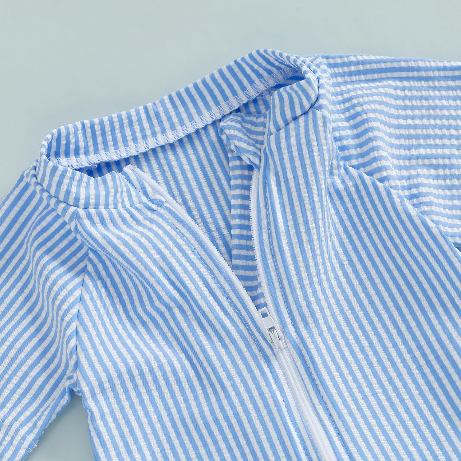 Toddler Baby Boys Seersucker Short Sleeve One Piece Rash Guard Swimsuit Zipper Bathing Suit Swimwear with Hat