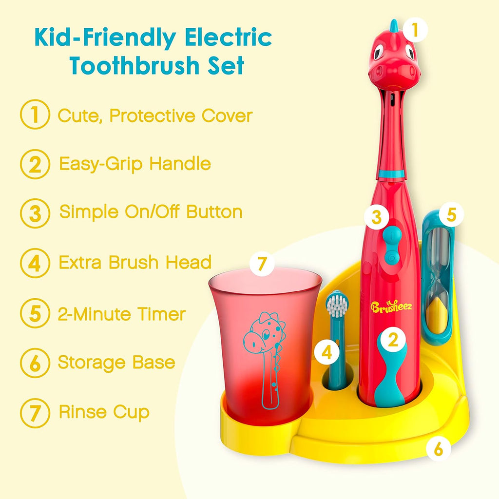 Brusheez Kids’ Electric Toothbrush Set - Safe & Effective for Ages 3+ - Parent Tested & Approved with Gentle Bristles, 2 Brush Heads, Rinse Cup, 2-Minute Timer, & Storage Base (Pepper The Dino)