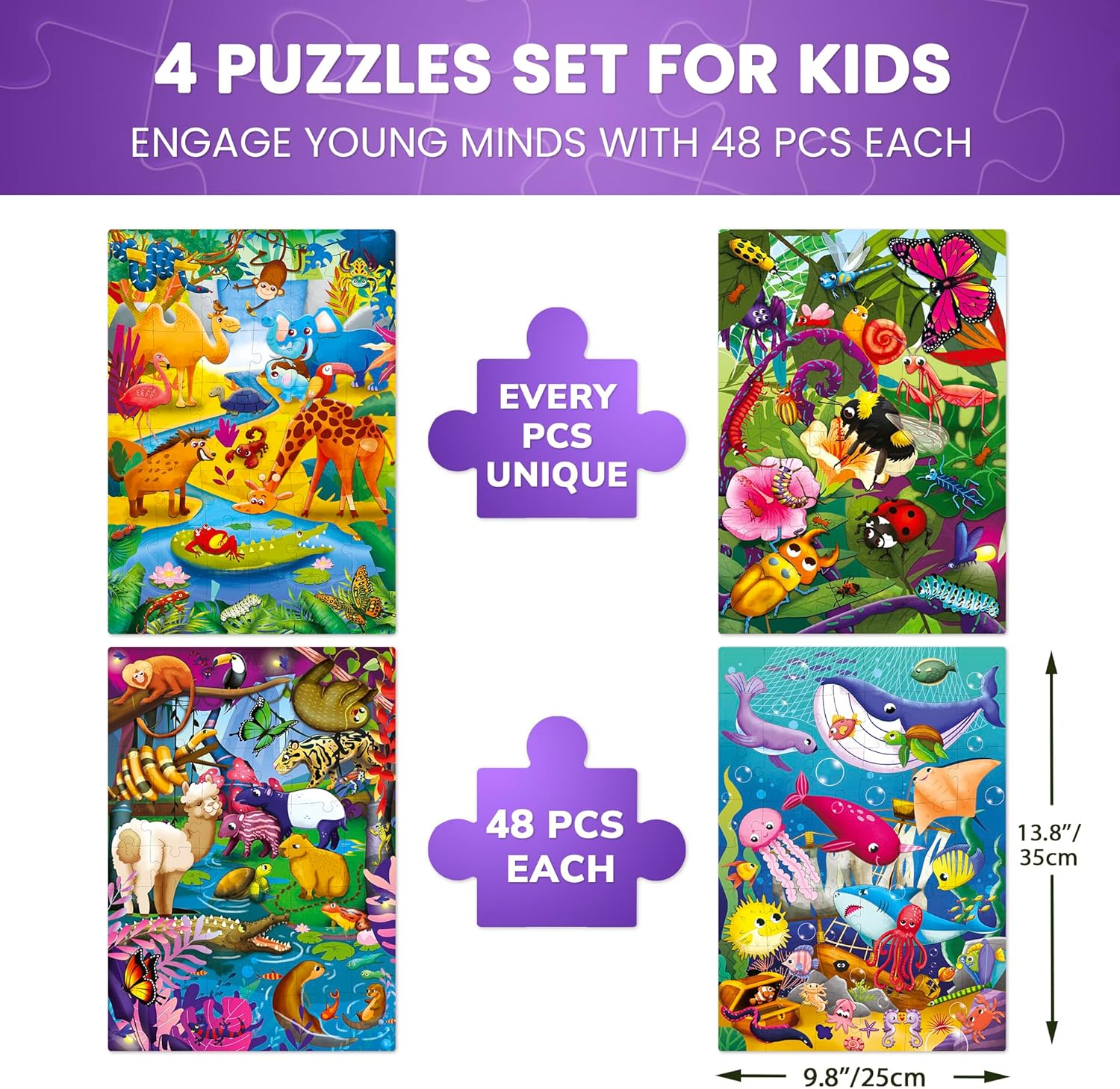 QUOKKA Puzzles for Toddlers 4-6 – 4 x 48 Pieces Jigsaw Puzzles for Kids Ages 3-5 – Learning Insects, African, Amazon, Ocean Animals Puzzle for 2-4 – Jigsaw Game for Boy and Girl 4-8 Year Old