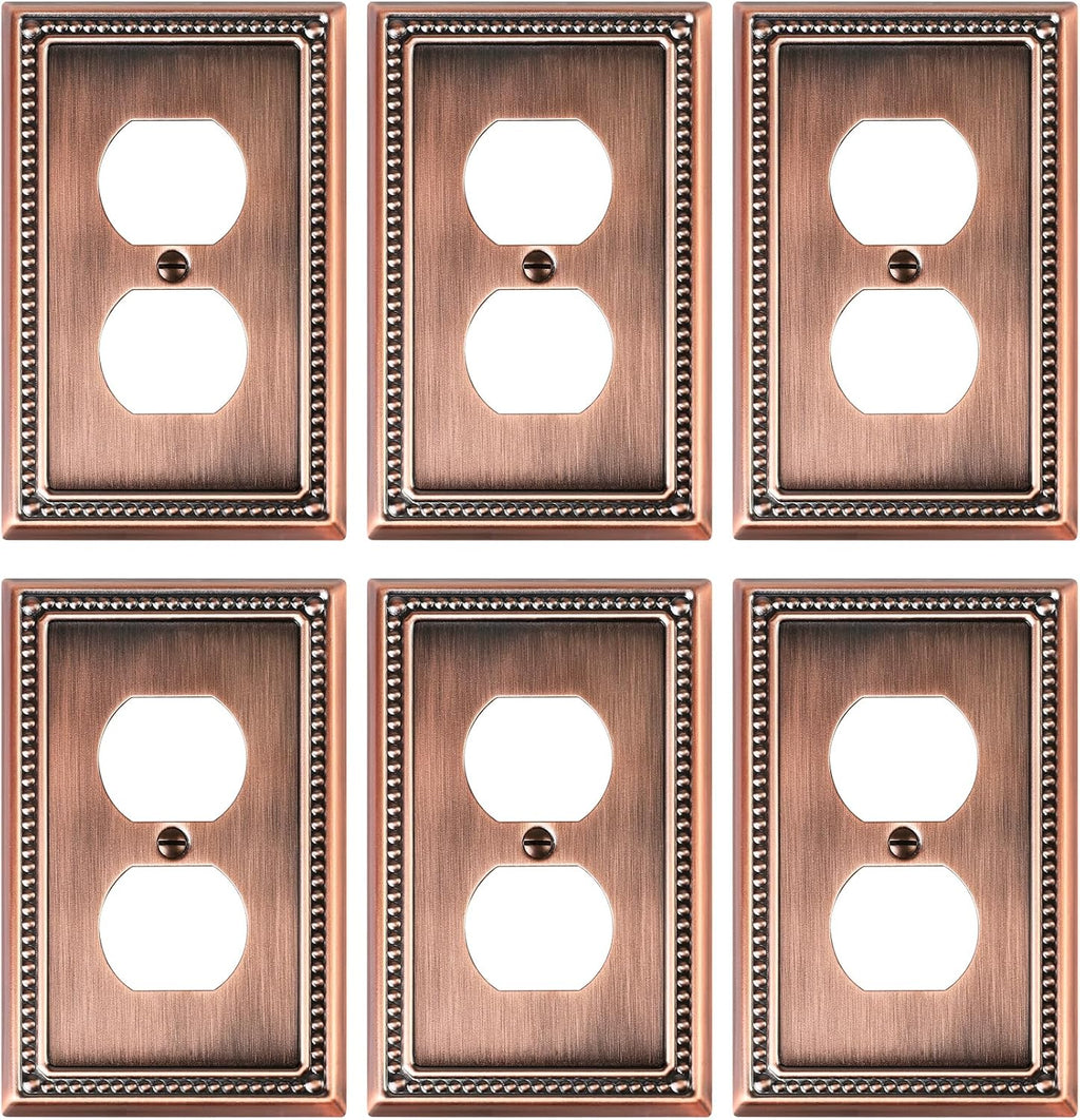 6-Pack Duplex Outlet Cover Plate, Antique Copper Metal Wall Plates for Electrical Outlets, 1 Gang Receptacle Cover, Pearls Decorative Switch Plates and Outlet Covers