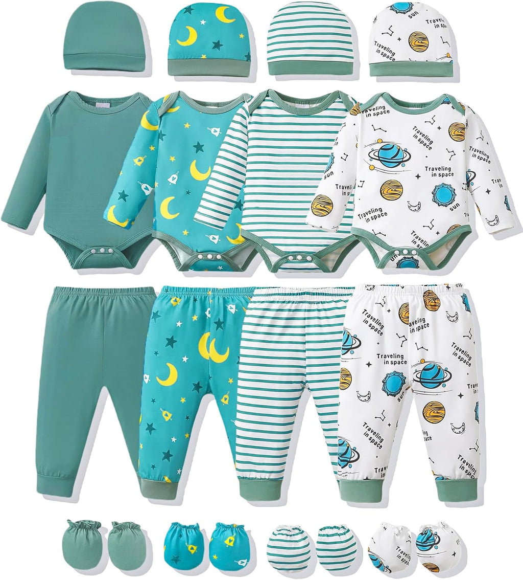 NZRVAWS Newborn Baby Boy Girl Clothes Unisex Infant Romper Pants Set Hat 4-Pack Outfits 0-12 Months 16 Pieces Toddler
